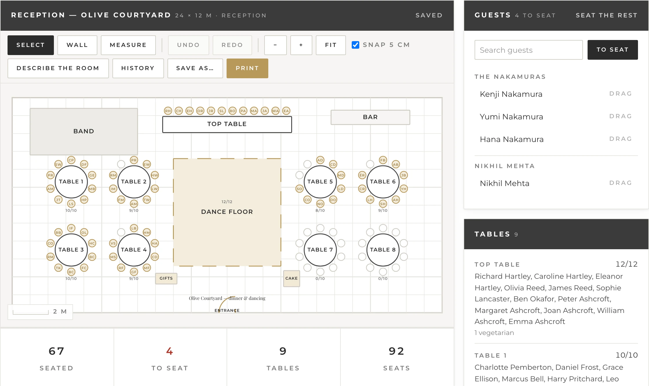 The floor plan editor in Planners Workspace. A reception of 24 by 12 metres is drawn on a one-metre grid: a top table along the top, eight round tables of ten with each seat marked by a guest's initials, a dance floor in the middle, a band, a bar, a gifts table, a cake table and the entrance. Beside the plan, a guest list with four people still to seat and a list of the nine tables with everyone sitting at them. Counters underneath read 67 seated, 4 to seat, 9 tables, 92 seats.